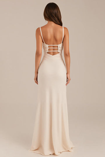Ivory Sheath Ruched Spaghetti Straps Evening Dress with Slit